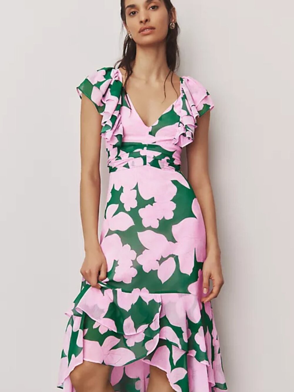 Anthropologie Hutch Pink Green Ruffle Floral Chiffon High Low Maxi Dress 14P